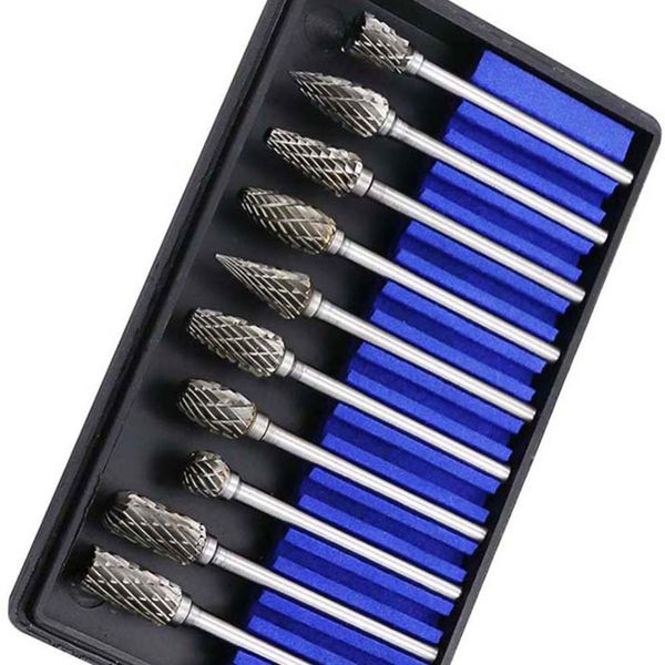 

10pcs 1/8"mini wood carving milling cutter diamond drill bits set rotary burr tungsten carbide electric grinder head rotary cone