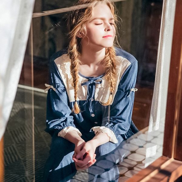 

2018 new arrival cotton lace pajamas suit homewear bowknot, Blue;gray