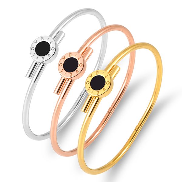 

rose gold color love letter round charm bracelets & bangles for women stainless steel wire bracelets lover's gift, Black