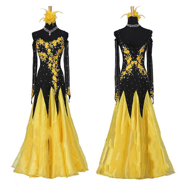

ballroom dance dress competition dress social dance black thin yellow skirt embroidery rhinestone long party waltz, Black;red