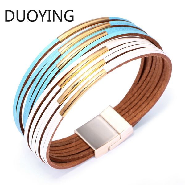 

boho 10 цветов многослойная кожа wrap браслет для женщин ручной работы металла труб шарм браслеты магнитные пряжка браслет ювелирных изделий, Golden;silver