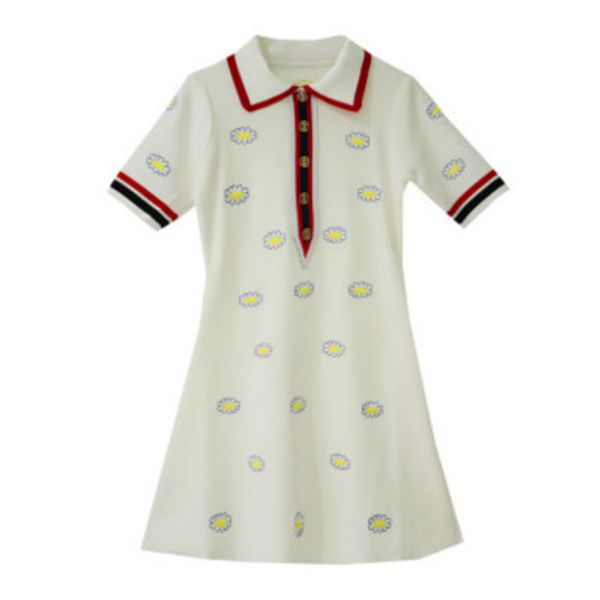 

new dres woman designer luxury clothes womens lapel embroidery pattern short sleeve waist a-line skirt dress student dress high quality, Black;gray