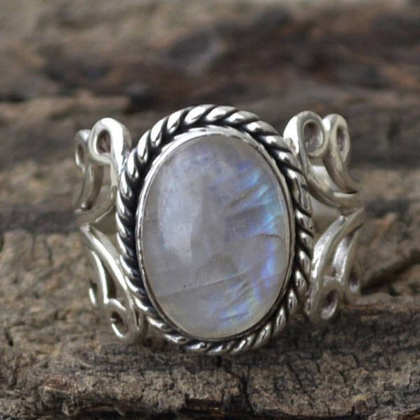 

vintage tibetan silver big natural stone crystal rings for women boho moonstone ring womens fine wedding jewelry gifts, Slivery;golden