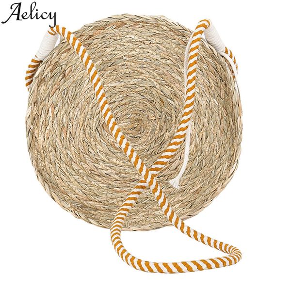 

aelicy 2019 fashion solid color round straw bag summer style ladies handbags bohemian rattan messenger bag women pocket