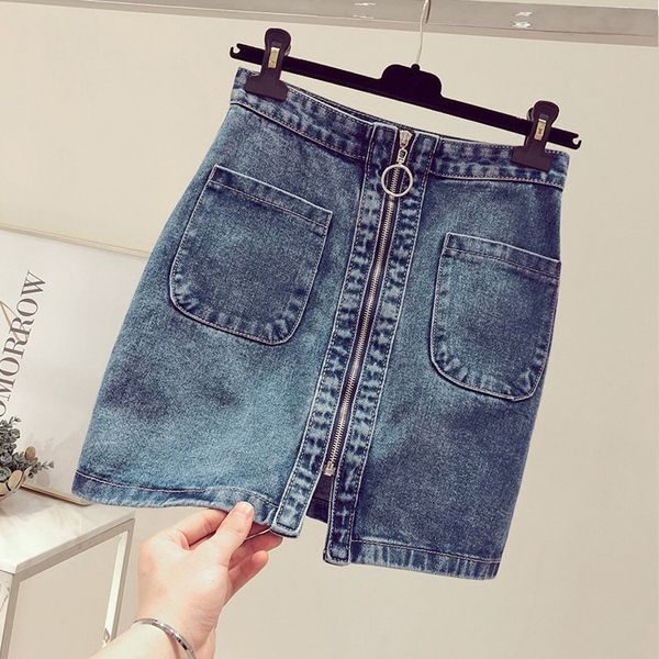 

denim skirt women vintage high waist slim tutu jean korean zipper pocket student short elegant mini s jeans, Black