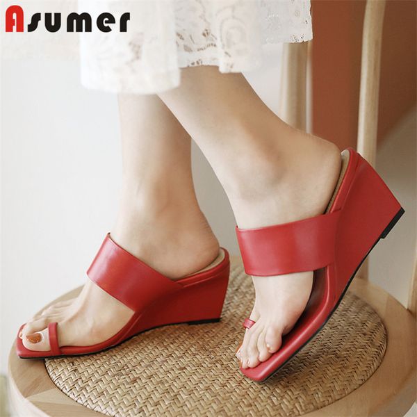 

asumer 2020 new arrive wedges shoes women slipper genuine leather shoes simple fashion flip flops ladies black