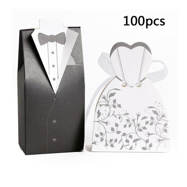 

100pcs wedding favor boxes dress tuxedo party candy gift bride groom shower paper