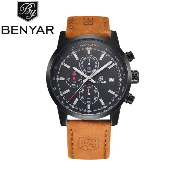 

benyar chronograph watch men waterproof sport watch leather quartz men male clock erkek kol saati horloge, Slivery;brown