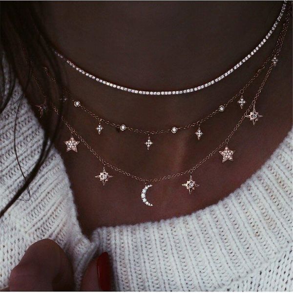 

старинные золотые геометрические многоуровневые ожерелья для женщин boho мода кристалл звезда луна солнце кулон ожерелье ювелирные изделия п, Silver