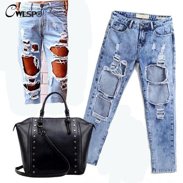 

cwlsp autumn ripped jeans female casual washed holes boyfriend jeans for women regular long torn wild denim pants ql1783, Blue