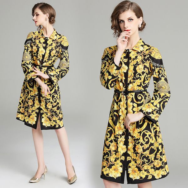 

new style runway womens beautiful floral print shirt dressbutton front lapel neck office ladies loose casual party printed dress, Black;gray