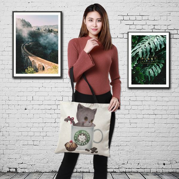 

customized cute cat cupes printing women handbag linen cats style tote bag with print logo casual traveling beach bags 43cm*43cm