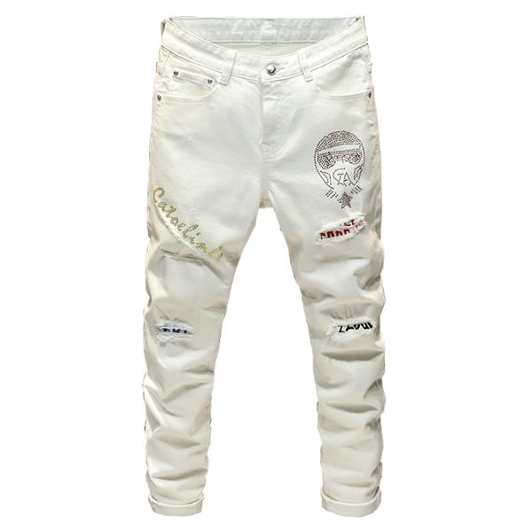 

sokotoo men's fashion crystal patchwork white jeans streetwear slim fit patch design stretch denim pants, Blue