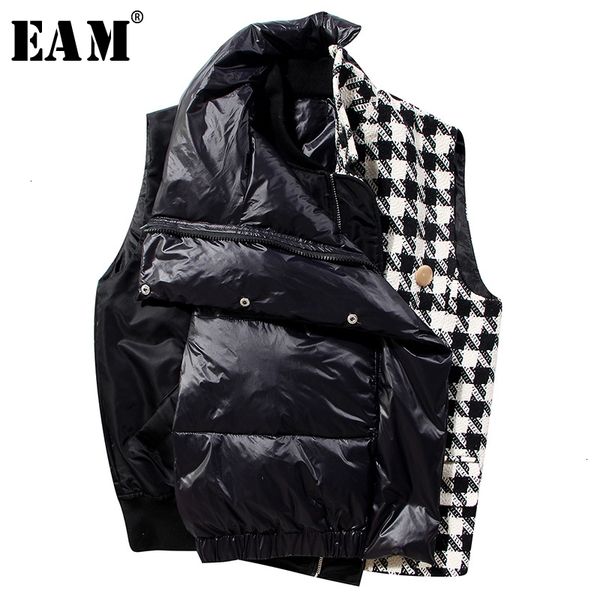 

eam] women loose fit plaid split big size cotton-padded vest new stand collar sleeveless fashion tide spring autumn 2019 1m001, Black;white