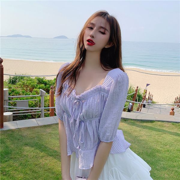 

shirt women's spring summer new short sleeve slim waist ruffle lace up small fresh pleated square collar top, White