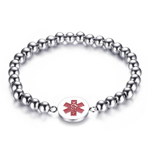 

6mm mens womens high polished stainless steel beaded medical alert tag charm bracelet, Black