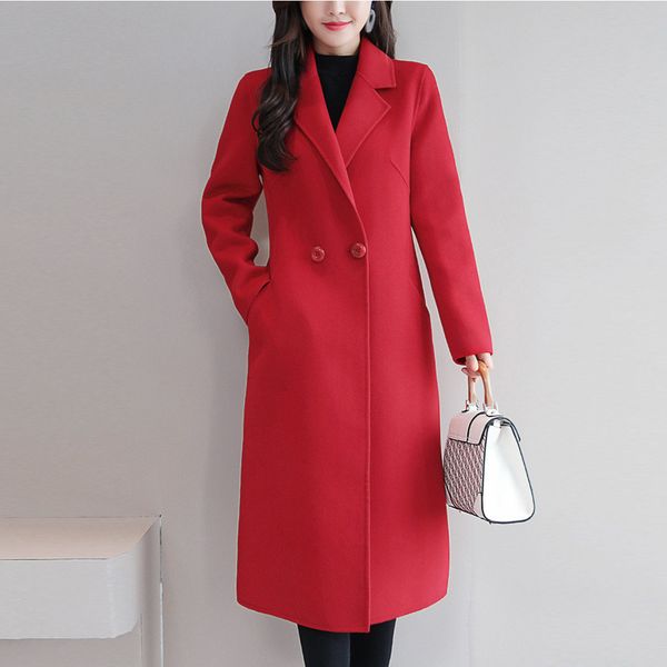 

women wool coat 2019 winter new casual korean elegant slim long coat full sleeve suit collar womens plus size fashions coats, Black