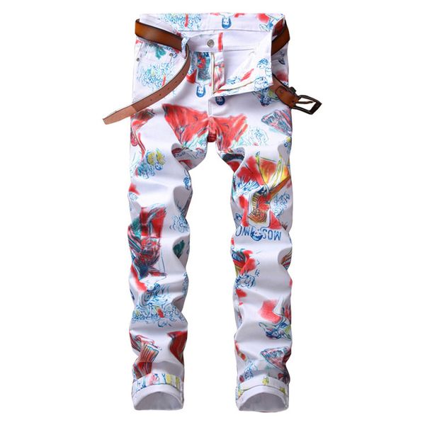 

motorcycle moto essentials men's casual printed jeans motorcross skinny painted denim pants stretch white trousers