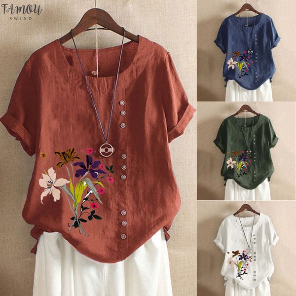 

women casual plus size kimono sleeve o neck floral printed loose button tunic shirt blouse short sleeves for female, White