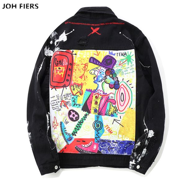 

joh fiers graffiti appliques hip hop jean jacket men 2019 art gone mad turn down collar denim jackets men streetwear clothes, Black;brown