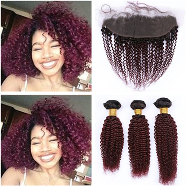 

wine red ombre kinky curly peruvian virgin human hair 3pcs bundles with 13x4 frontal closure #1b/99j burgundy ombre lace frontal with weaves, Black;brown