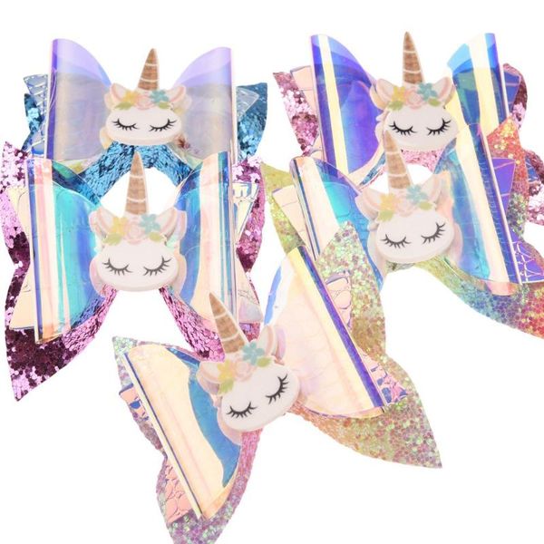 

90pcs 2.5inch chic unicorn bows cute glitter hair bows unicorn hair accessories barrette hairclip hairgrips bow accessory, Slivery;white