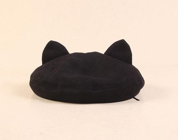 

japanese women girls cute cat ears beret cap faux leather solid color painter student adjustable vintage classic octagonal hat, Yellow