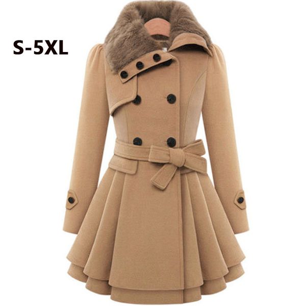 

plus size 4xl 5xl women winter coat women wool jacket red camel blue fur collar slim korean loose casual female long coats h155, Black