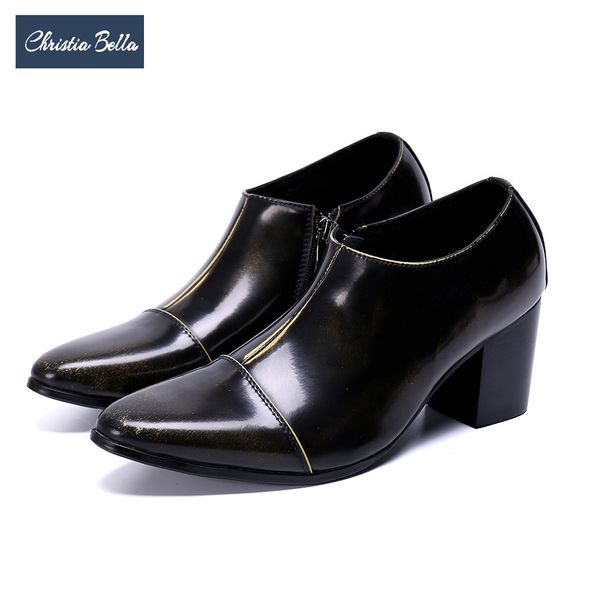 

christia bella new fashion high heel men genuine leather shoes solid men party dancer shoes club zipper short boots plus size, Black