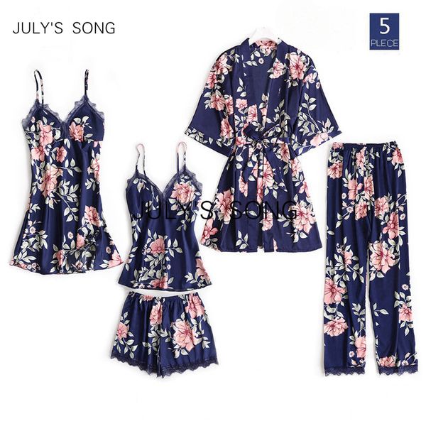 

july's song 5 peices sleep lounge pajama set satin sleepwear women summer winter fashion flower pajamas for women robe, Black;red