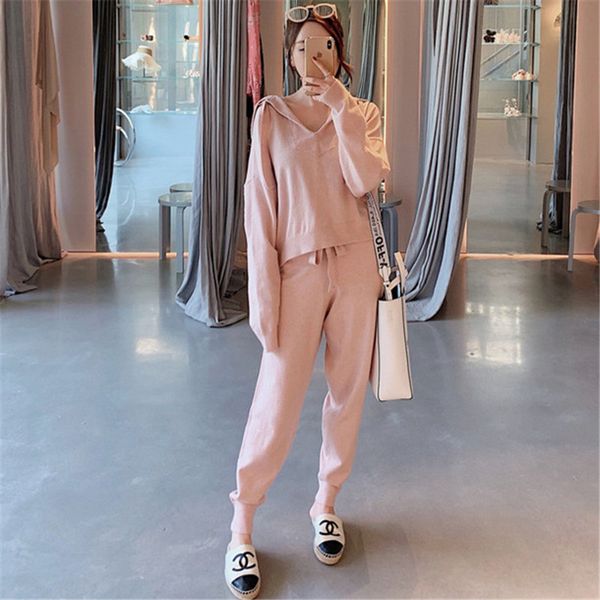 

2019 spring fashion knitted hooded pants women two piece sets solid slim tracksuit sweatshirts sporting suit female, White