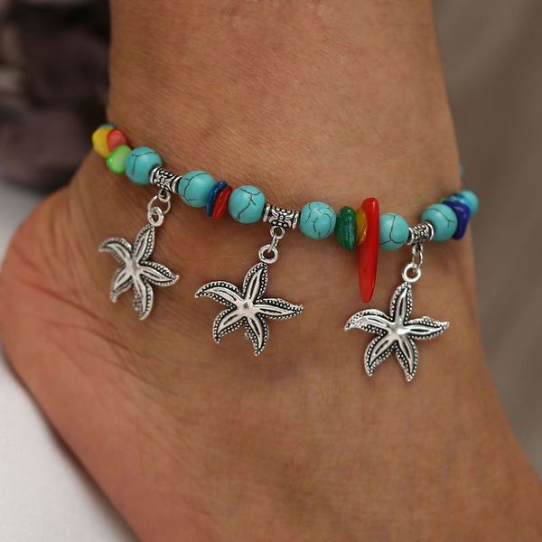 

retro starfish pendant chain bracelet on leg bohemian beads stone adjustable anklet bracelets for women foot jewelry, Red;blue