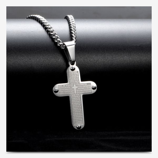 

2019 new titanium steel cross engraved scripture pendant necklace accessories retro punk jewelry with chain, Silver