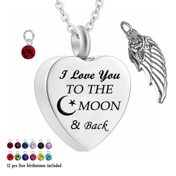 

l love you to the moon&back 12 piece birthstone crystal urn necklace heart memorial keepsake holder pendant ash cremation jewelry for ashes, Silver