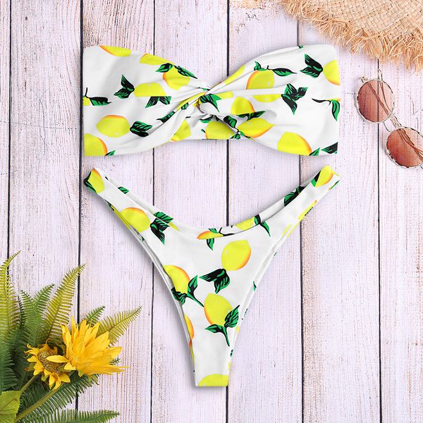 

summer women brazilian bikini set swimwear strapless backless padded lemon print low waist swimsuit bathing suit, White;black