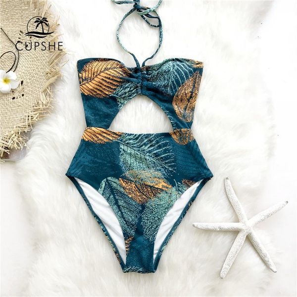

cupshe green and golden leaves print halter one-piece swimsuit women hollow out backless monokini 2019 girl swimwear