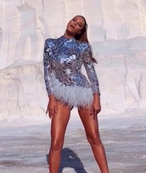 

sparkly silver mirrors feather bodysuit women's bar birthday celebrate outfit singer prom women dancer show wear, Black;red
