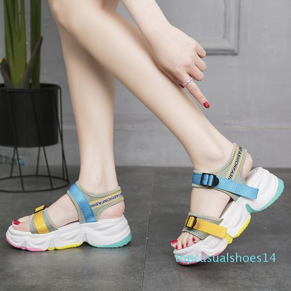 

rainbow sole open toe sport sandals women color buckle casual platform wedge sandals summer beach shoes women 2020 t14, Black