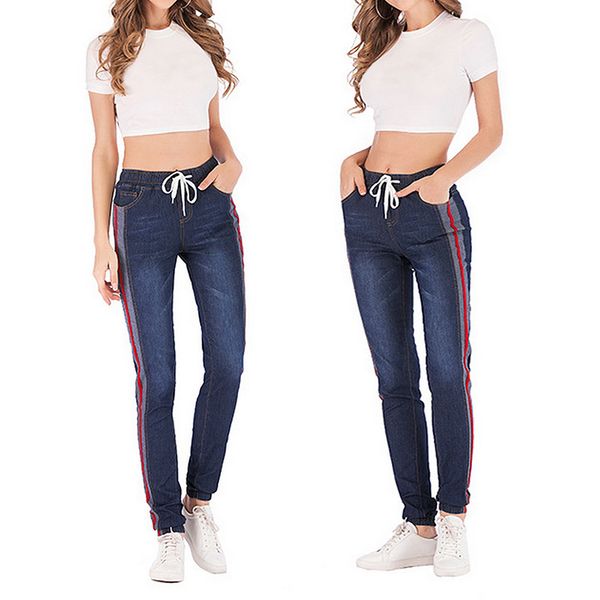 

pants women autumn casual drawstring denim jeans elastic high waist trousers side stripe slim fit pencil pants pantalones mujer, Blue