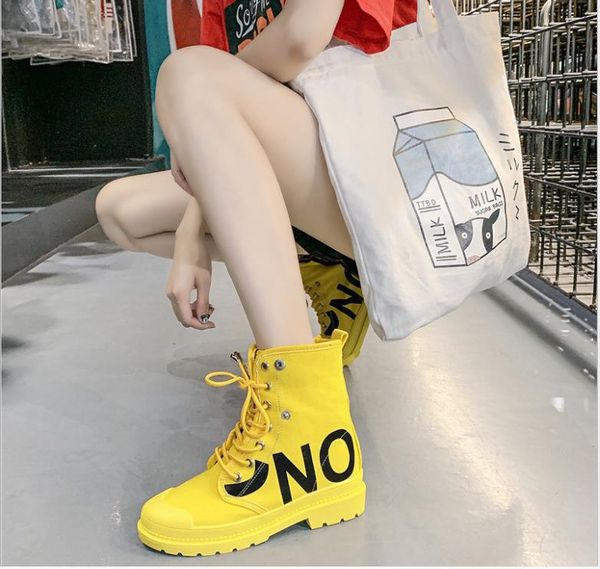 

new wild two penetrating canvas shoes women's british fan car thick with low tube women's boots, Black