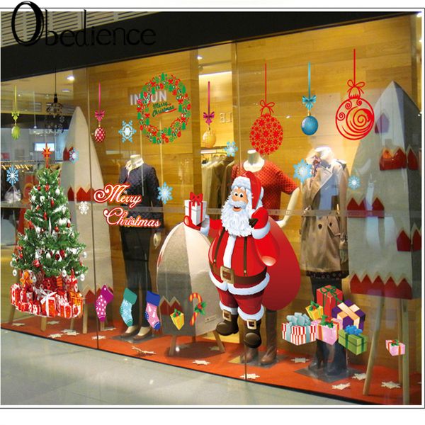 

obedience christmas window glass living room santa claus background wall decals window stickers, Pink;blue