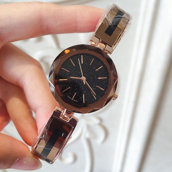 

высочайшее качество модные женские часы розовое золото звездная поверхность циферблат роскошные леди наручные часы из нержавеющей стали клас, Slivery;brown