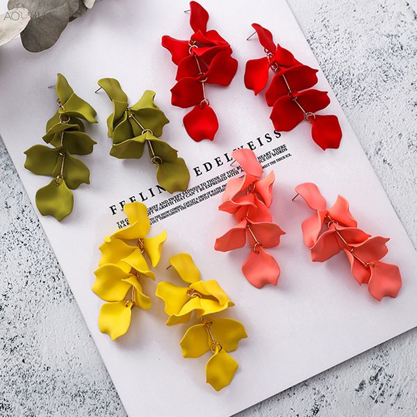 

aomu 2019 korean new arrival red flowers rose petal long tassel dangle earrings for women fashion sweet party jewelry gift, Golden