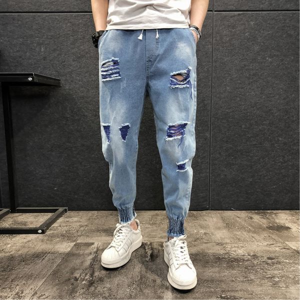 

summer new jeans men fashion wash solid color tear hole casual denim pants man streetwear hip hop loose trousers male clothes, Blue