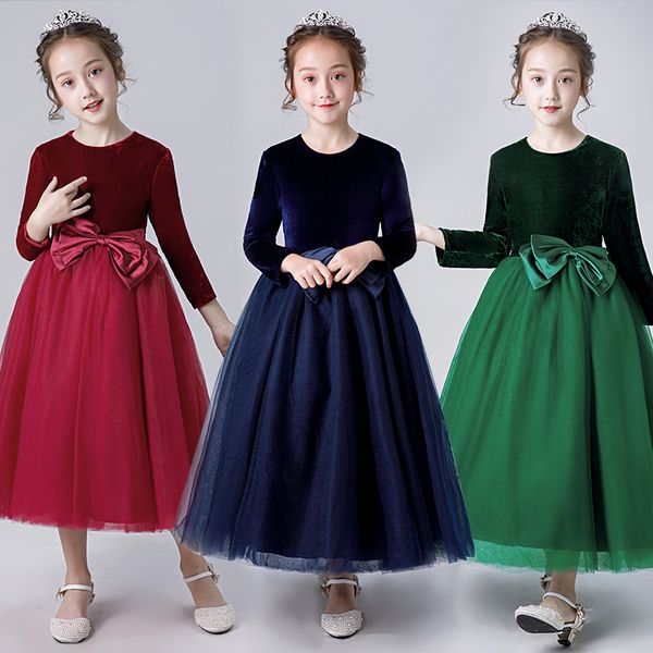 

children' autumn and winter performance dresses girls'dresses long-sleeved children' walking show princess dresses host&#03, White;blue