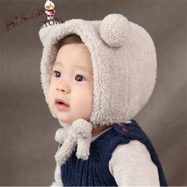

cute autumn winter baby cap bonnet children knitted kids wool cap velvet beanie bear plush warm ear headgear boy toddler, Slivery;white