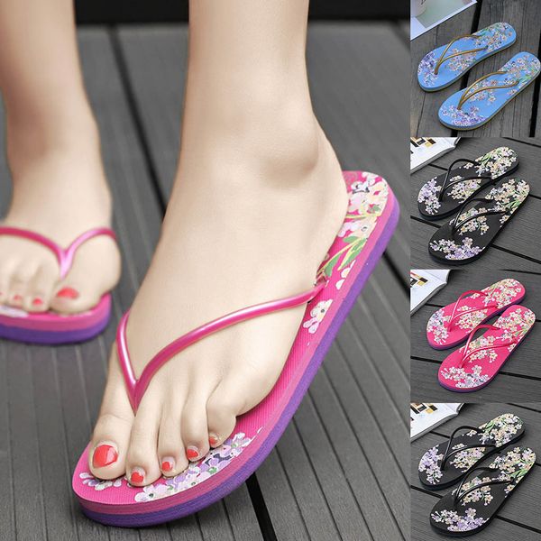 

2019 women's flat slippers summer beach casual shoes girl floral flat flip flops slippers mujer slides fashion loafers, Black