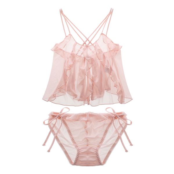 

fresh pink pyjamas women back cross straps ruffles ultra short panty pajama set nightgown nightwear underwear suit, Black;red