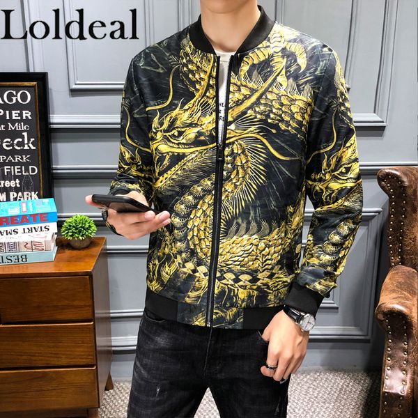 

loldeal new dragon print thin coat men jaket bomber, Black;brown
