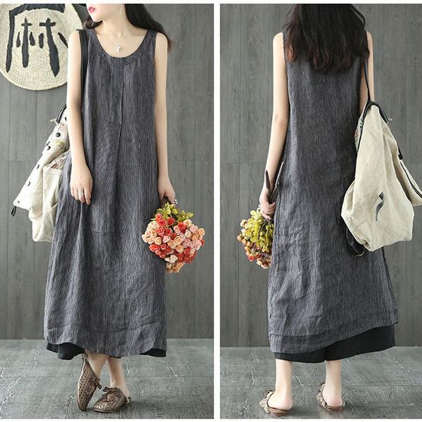 

fashion womens summer stripe linen dresses crew neck sleeveless relaxed midi female clothing casual literary style fashion apparel, Black;gray